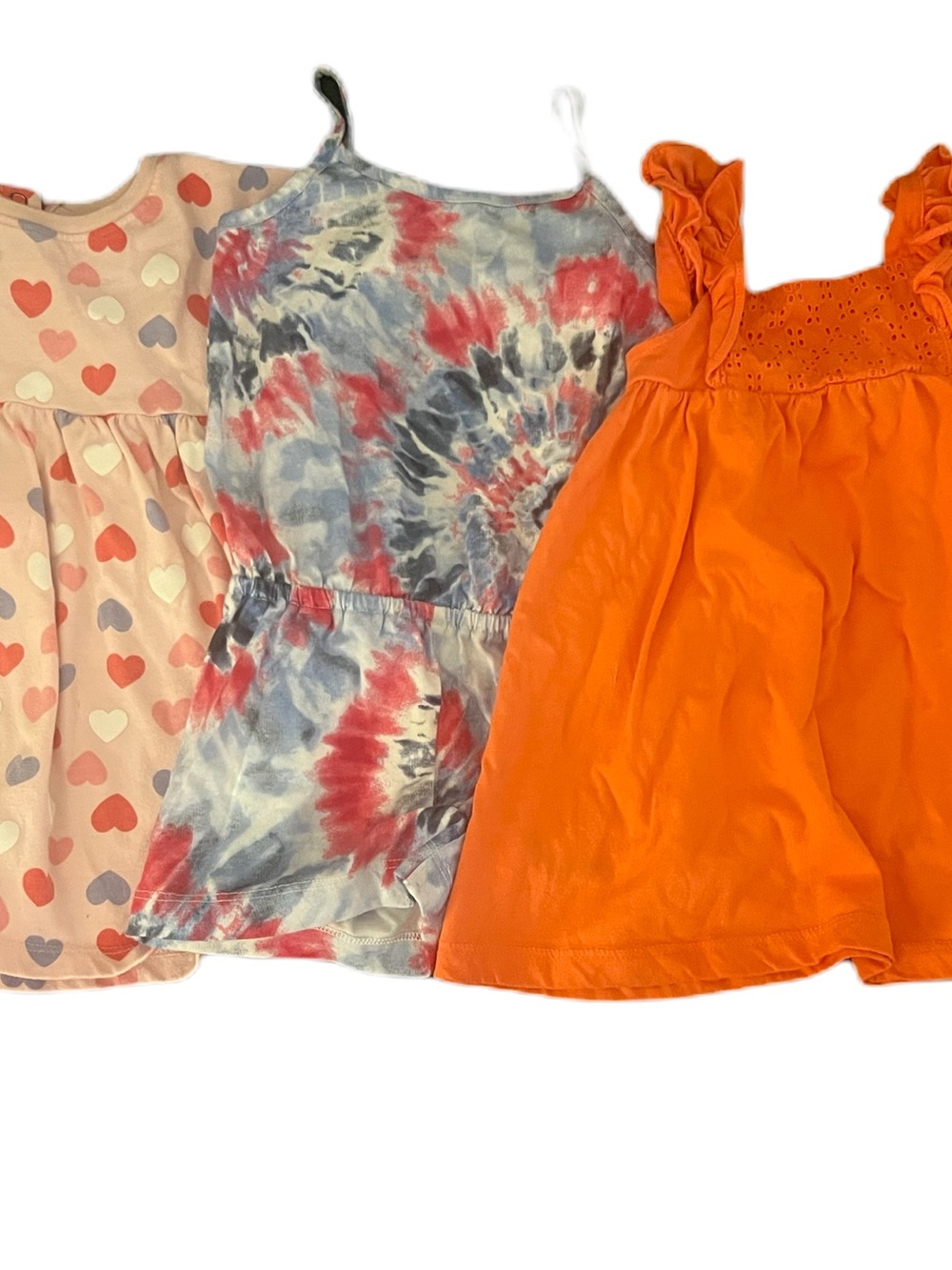 Girls' Mixed Dresses - Heart Print, Tie-Dye & Bright Orange. 2T bundle